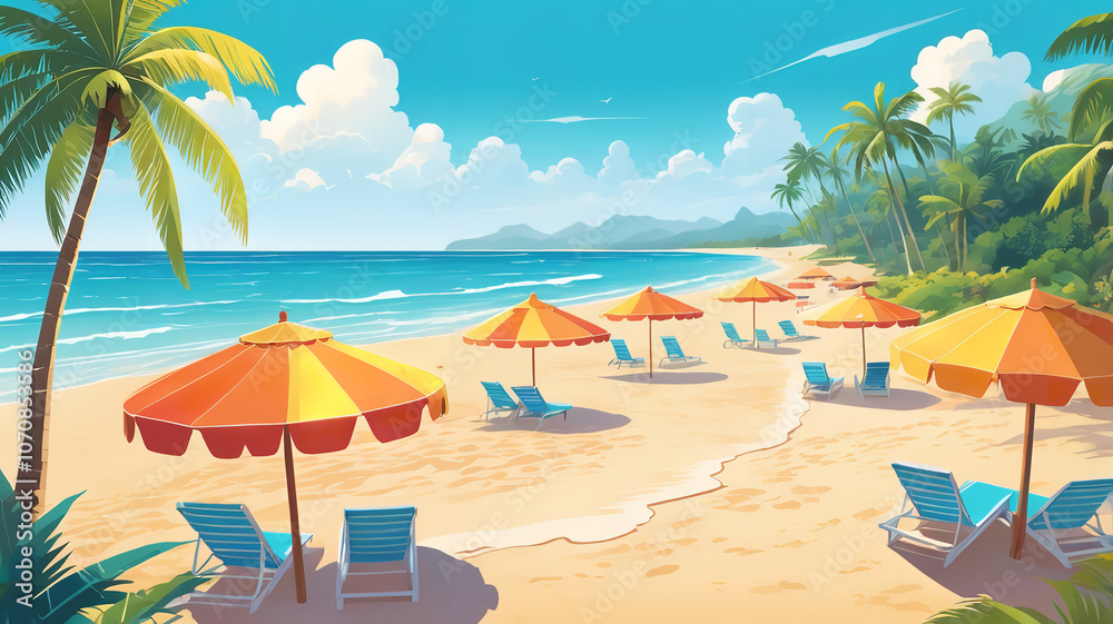 Beach with umbrella and chairs Beach with umbrella and chairs