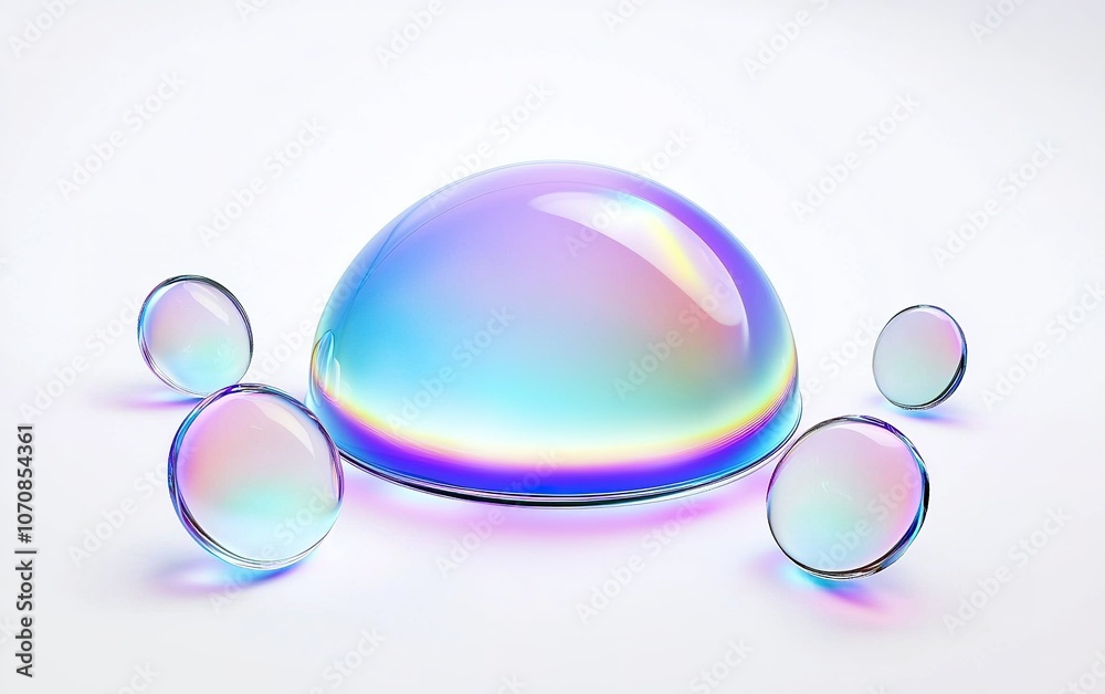 A collection of colorful soap bubbles resting on a smooth surface with a bright, clean background highlighting their iridescence A collection of colorful soap bubbles resting on a smooth surface with a bright, clean background highlighting their iridescence