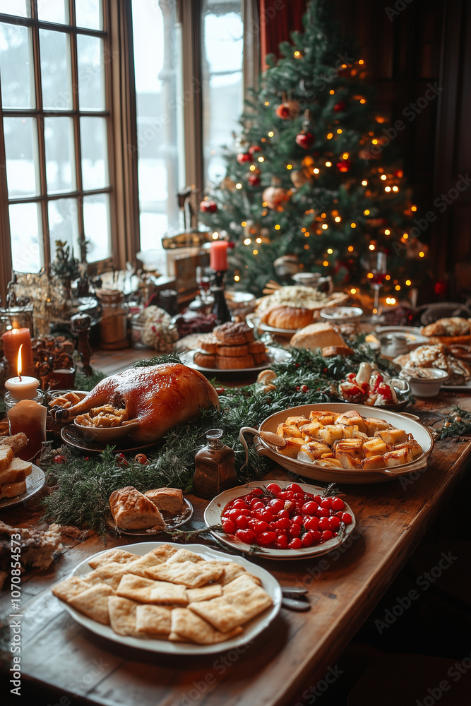 Top-Down Photography of Traditional Goose Dinner with Festive Presentation Top-Down Photography of Traditional Goose Dinner with Festive Presentation