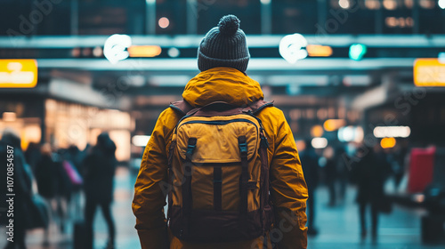 A man wearing a yellow jacket and a hat is standing in a busy train station