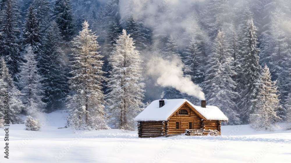 Winter landscape with a cozy log cabin among snow-covered trees, smoke in the cold air. Perfect for festive holiday greeting cards. Winter landscape with a cozy log cabin among snow-covered trees, smoke in the cold air. Perfect for festive holiday greeting cards.