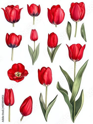 Wallpaper Mural Various types of vibrant red tulips arranged artistically on a white background, showcasing natural beauty and diversity Torontodigital.ca