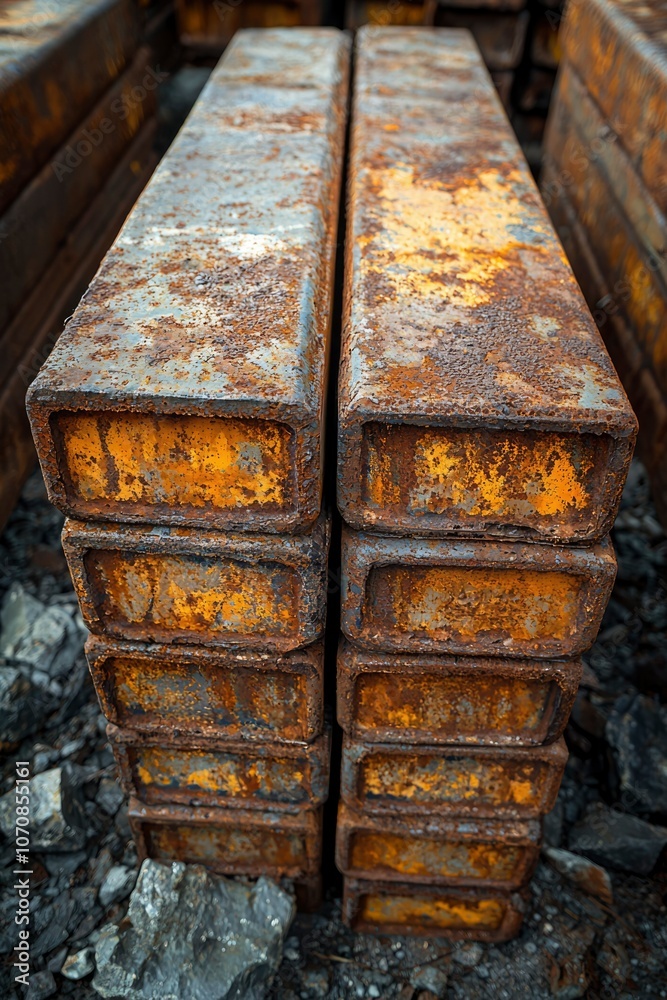 Stacked Rusty Metal I-Beams in a Scrap Yard Stacked Rusty Metal I-Beams in a Scrap Yard