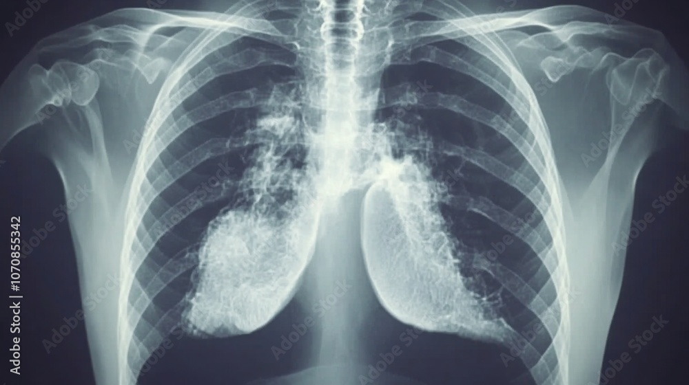Medical chest X-ray image showing detailed anatomy of lungs and heart, essential diagnostic tool for detecting respiratory and cardiovascular conditions.
