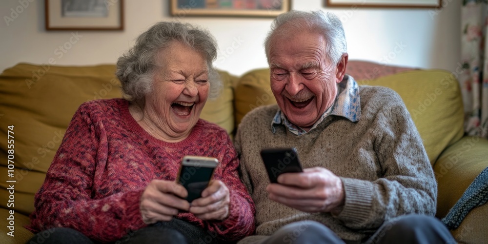 An elderly couple enjoys moments of joy while using their smartphones. Laughter fills the room as they share digital memories. This vibrant scene captures the joy of modern technology. AI. An elderly couple enjoys moments of joy while using their smartphones. Laughter fills the room as they share digital memories. This vibrant scene captures the joy of modern technology. AI.