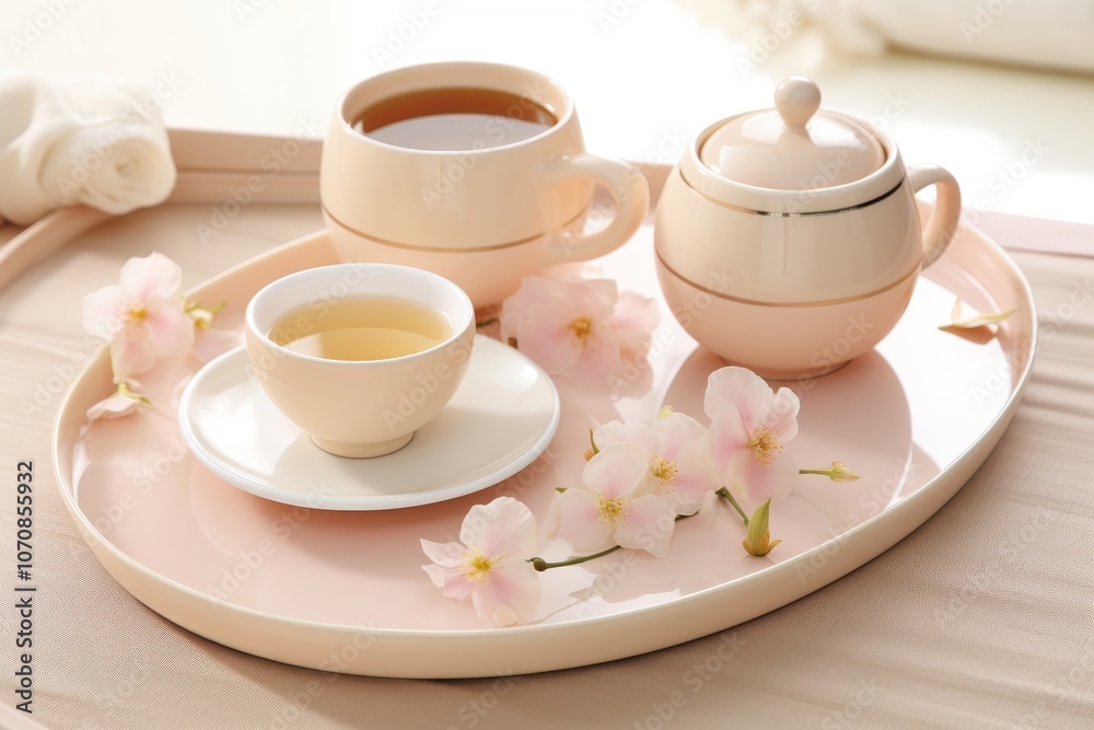 Elegant minimalist tea ceremony with pastel tea set and natural floral accents in soft light Elegant minimalist tea ceremony with pastel tea set and natural floral accents in soft light