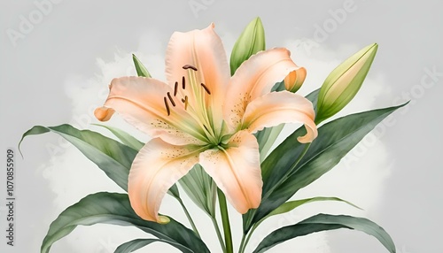 Beautiful lily flower blooming with green leaves illustrated on a soft gray background