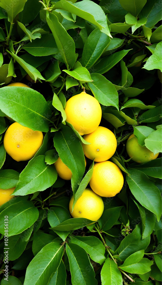 Close-up of lemons growing on branches, showcasing their vibrant yellow color against the green leaves. Close-up of lemons growing on branches, showcasing their vibrant yellow color against the green leaves.