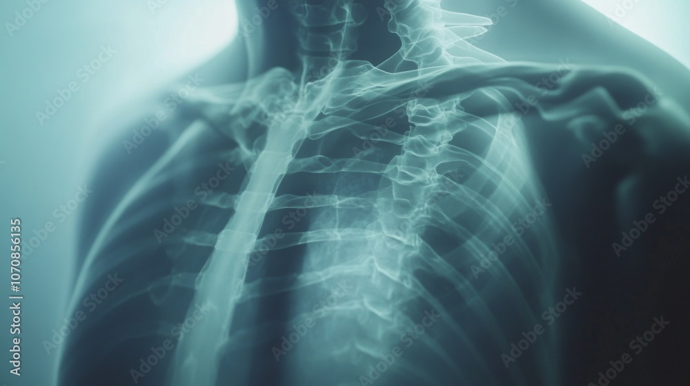 Medical chest X-ray image showing detailed anatomy of lungs and heart, essential diagnostic tool for detecting respiratory and cardiovascular conditions.
