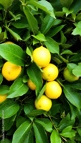 Close-up of lemons growing on branches, showcasing their vibrant yellow color against the green leaves.