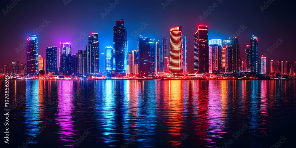 Obraz premium Neon Skyline: A vibrant cityscape awash in a dazzling array of neon lights, reflecting off the tranquil waters below. The image captures the energy and allure of a modern metropolis.