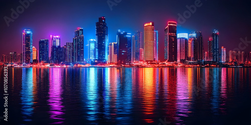 Wallpaper Mural Neon Skyline: A vibrant cityscape awash in a dazzling array of neon lights, reflecting off the tranquil waters below. The image captures the energy and allure of a modern metropolis. Torontodigital.ca