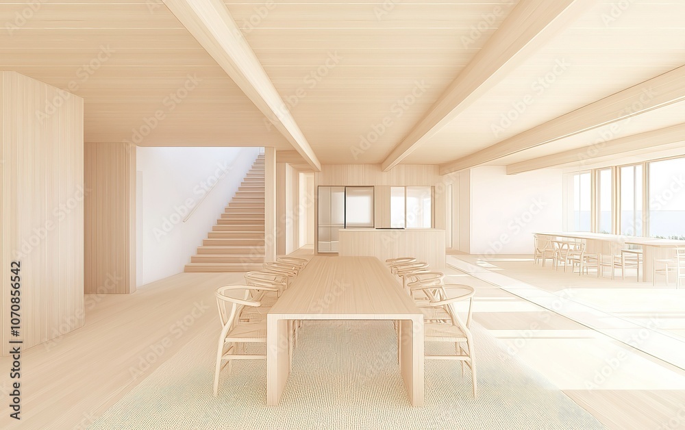 Fototapeta premium Minimalist dining area with large table and natural light in a modern coastal home design