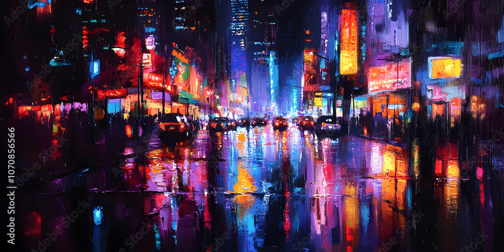 Obraz premium Neon City Dreams: A vibrant and captivating cityscape bathed in the glow of neon lights, reflecting in the wet asphalt of a rainy night.