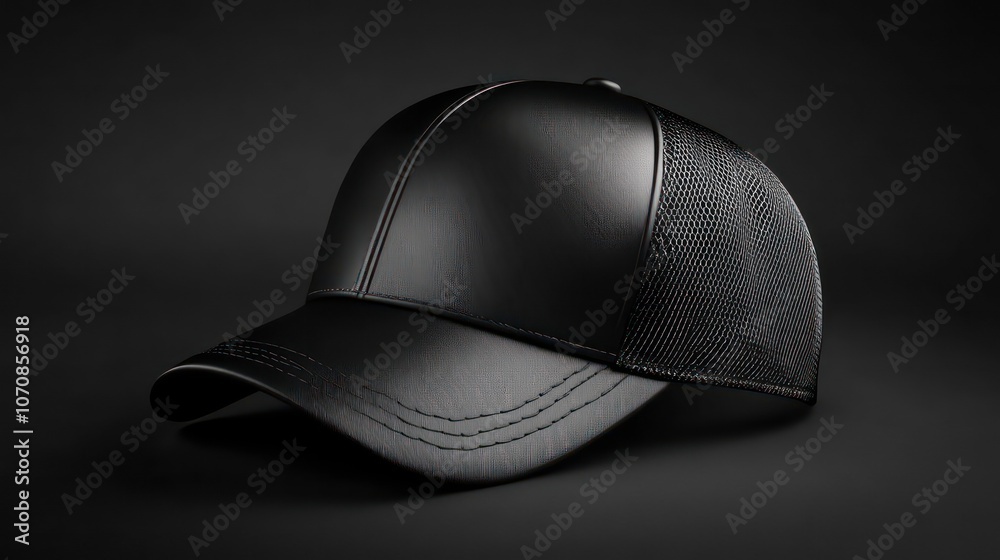 A sleek black cap displayed against a dark background, showcasing its design and texture. A sleek black cap displayed against a dark background, showcasing its design and texture.