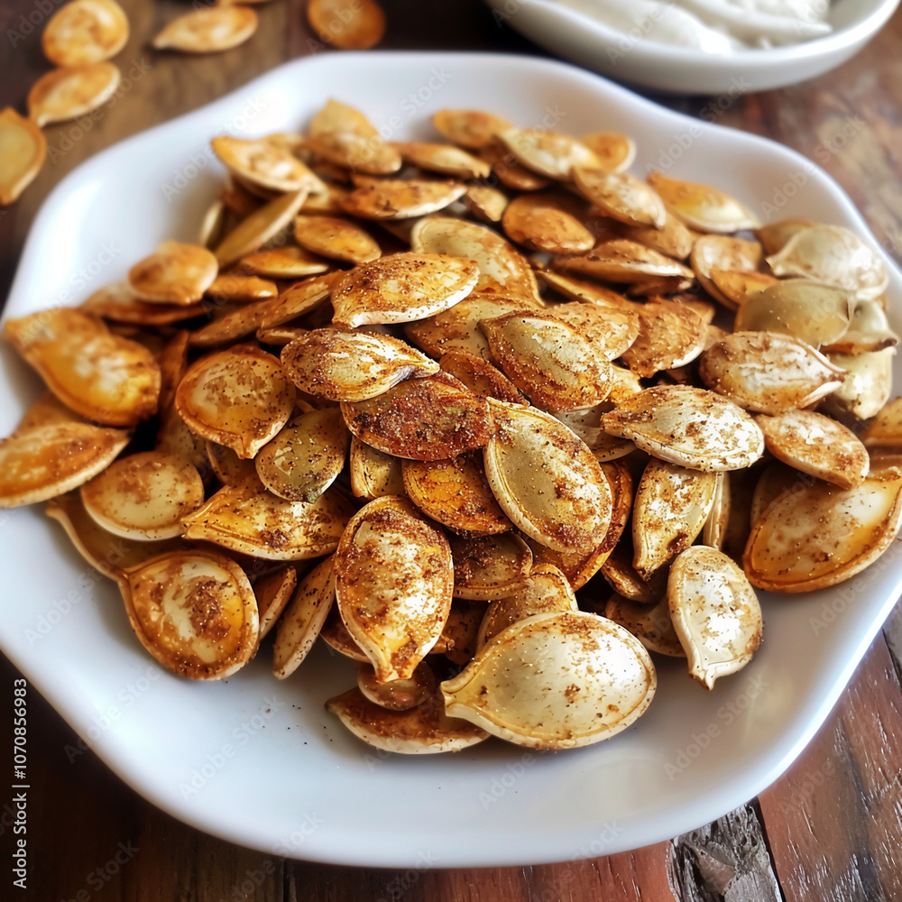 A white plate filled with seasoned pumpkin seeds sits on a wooden surface