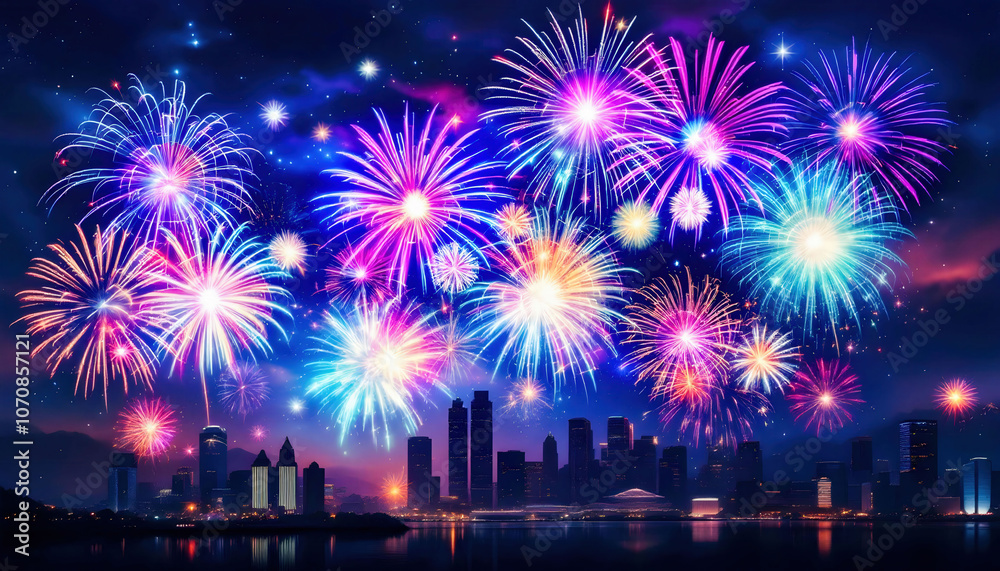 Spectacular New Year’s Eve fireworks lighting up the sky over a city skyline, marking the celebration of the new year. Spectacular New Year’s Eve fireworks lighting up the sky over a city skyline, marking the celebration of the new year.