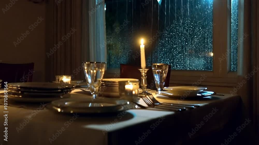 A dining table set for an intimate meal, complete with candles and soft lighting.