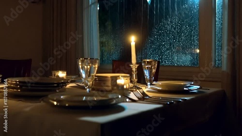 A dining table set for an intimate meal, complete with candles and soft lighting.