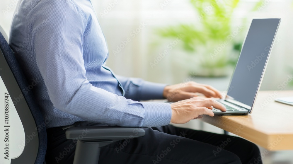Person sitting at desk with poor posture, emphasizing the importance of ergonomic practices for maintaining health and productivity in the workplace. Person sitting at desk with poor posture, emphasizing the importance of ergonomic practices for maintaining health and productivity in the workplace.