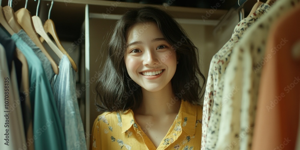 Smiling Woman Posing in Clothing Store Smiling Woman Posing in Clothing Store