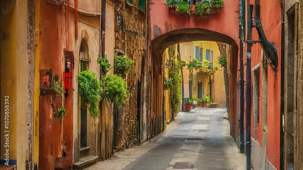 Fototapeta premium Charming narrow alleyway adorned with plants in a colorful Mediterranean village