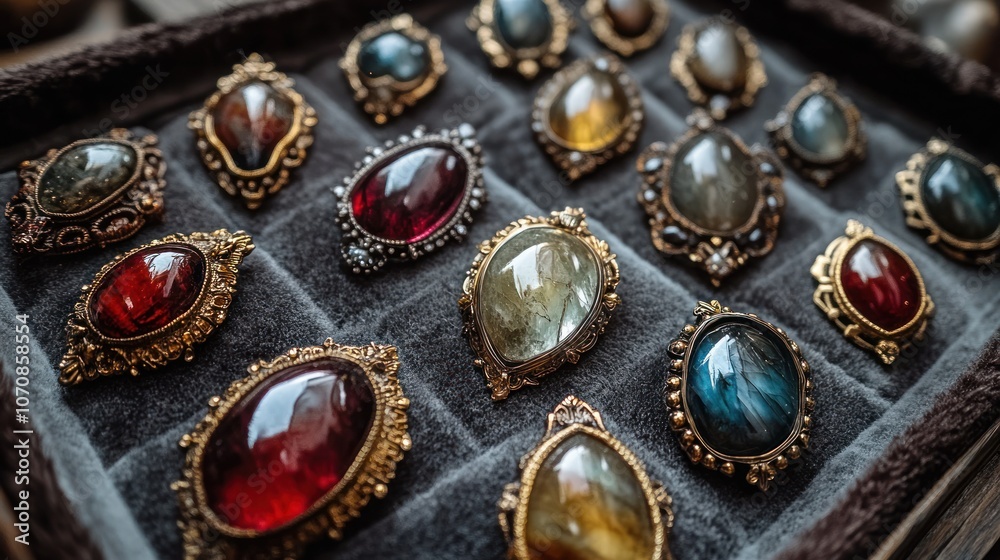 A collection of colorful gemstone rings displayed in a velvet-lined box. A collection of colorful gemstone rings displayed in a velvet-lined box.