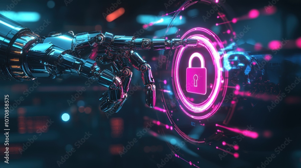 Robotic Hand Activating a Digital Lock Icon Robotic Hand Activating a Digital Lock Icon