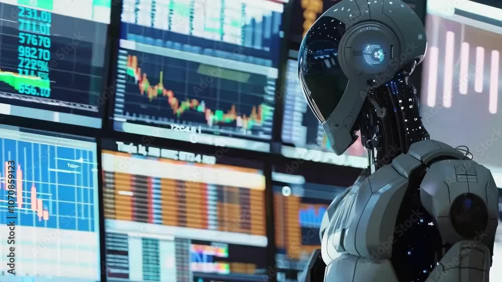 A robot is standing in front of a computer screen with a lot of numbers and graphs. The robot is looking at the screen with a serious expression. Concept of technology and intelligence A robot is standing in front of a computer screen with a lot of numbers and graphs. The robot is looking at the screen with a serious expression. Concept of technology and intelligence