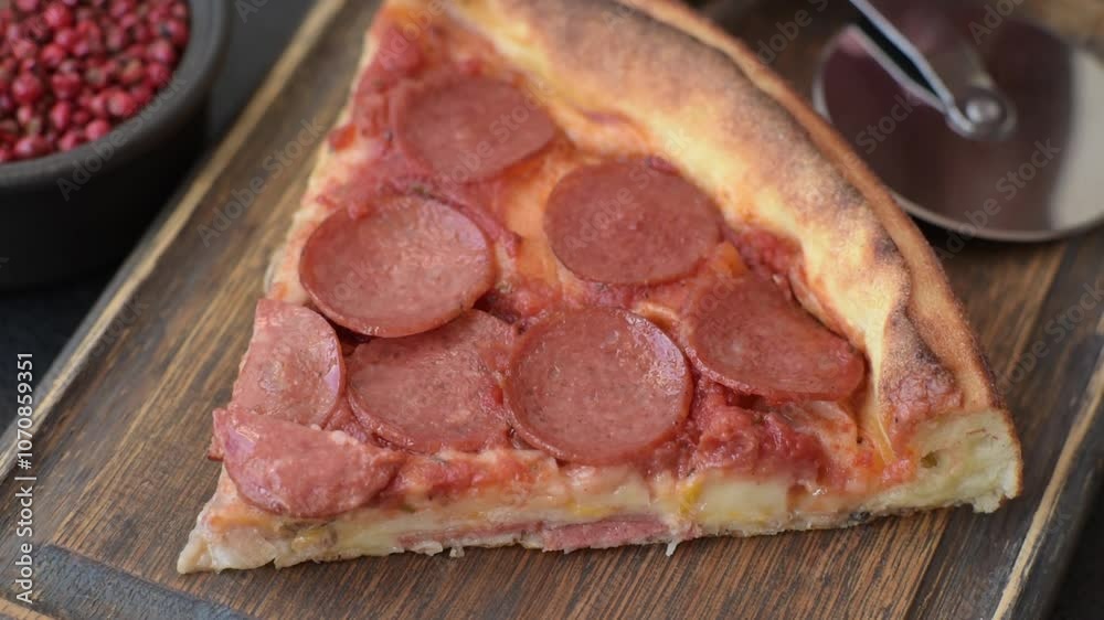 Pepperoni pizza with sausage, mozzarella cheese, tomatoes, salt and spices on a dark concrete background