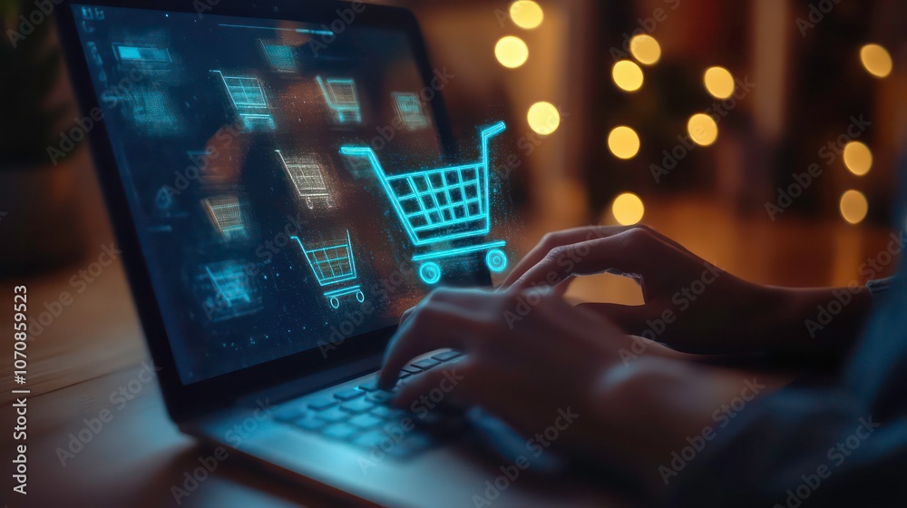A person shopping online with a shopping cart icon on a laptop screen. A person shopping online with a shopping cart icon on a laptop screen.