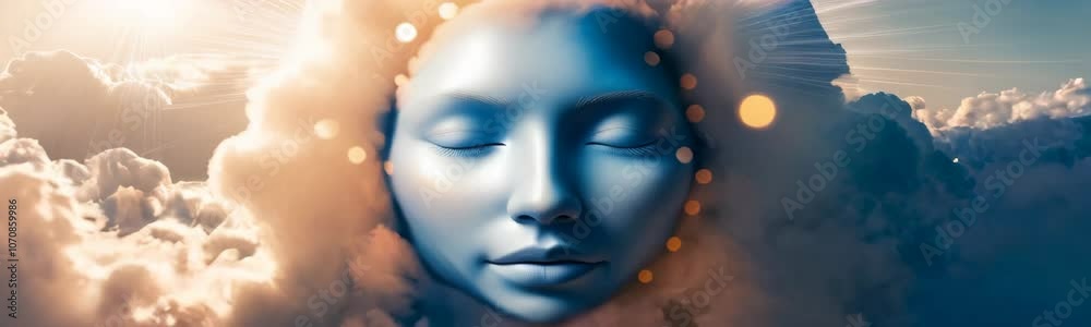 Mystic woman face in clouds. Godlike divine glow. Website banner motion background Mystic woman face in clouds. Godlike divine glow. Website banner motion background