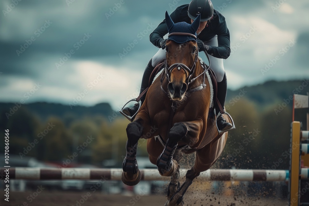 Naklejka premium A rider gracefully leaps over an obstacle in an equestrian event. The bond between horse and rider is remarkable. This image captures the essence of competition. Generative AI