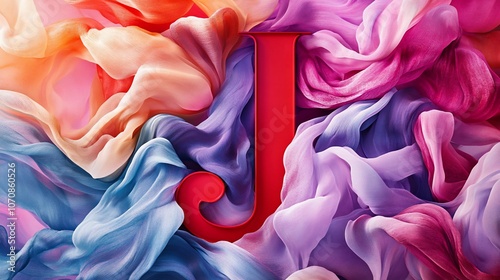 Red letter J on a colorful fabric background. photo