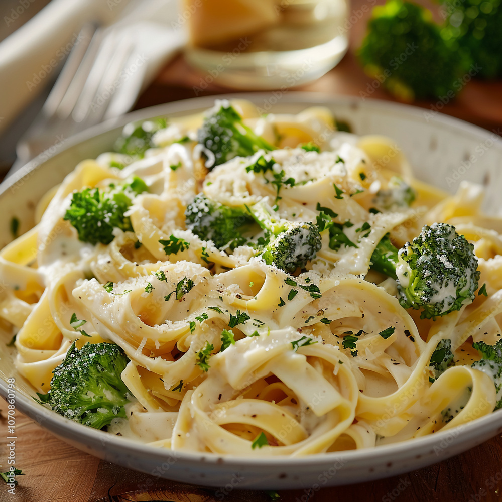 Fettuccine pasta with broccoli and a creamy white sauce topped with parmesan cheese Fettuccine pasta with broccoli and a creamy white sauce topped with parmesan cheese