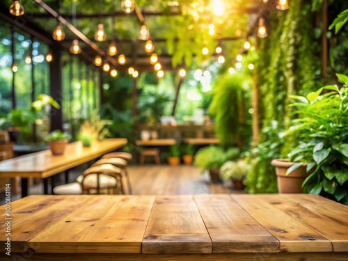 Empty Wooden Table Top with Soft Focus Background of Lush Green Garden and Cozy Coffee Shop Interior, Perfect for Showcasing Products and Creative Designs