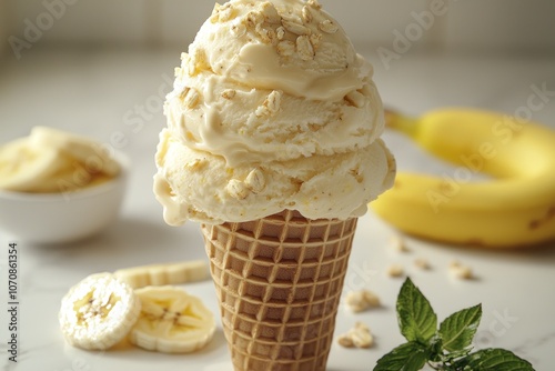 Banana Ice Cream Cone with Topped with Rice Krispies and Banana Slices photo