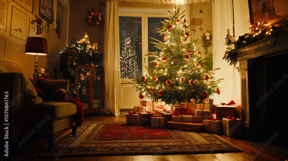 A beautifully decorated Christmas tree in a cozy, well-lit living room, surrounded by gifts, creating a homely Christmas vibe for advertising or seasonal posts.