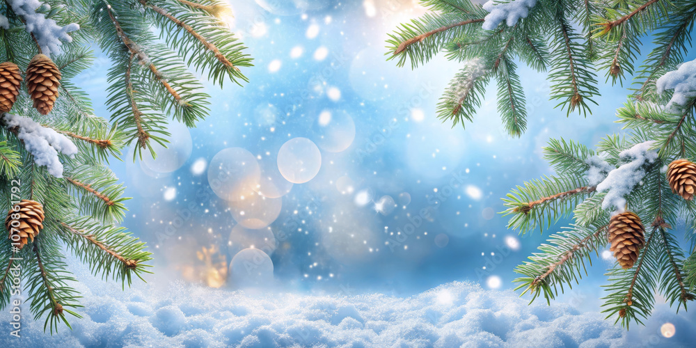 Snowy Winter Fir Branches on Blue Background Snowy Winter Fir Branches on Blue Background