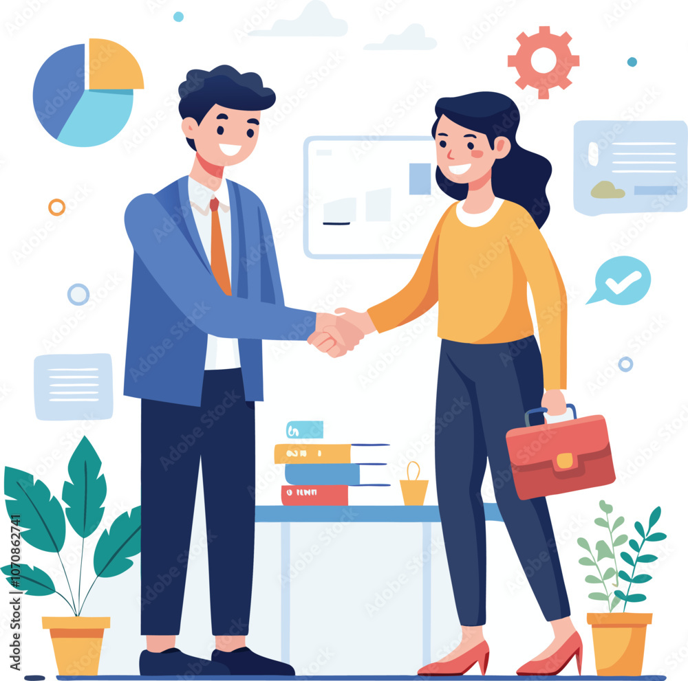 People shaking hands at work - Two businesspeople, man and woman doing handshake in office at work while smiling over business agreement and deal. Flat design stock illustration on white background People shaking hands at work - Two businesspeople, man and woman doing handshake in office at work while smiling over business agreement and deal. Flat design stock illustration on white background