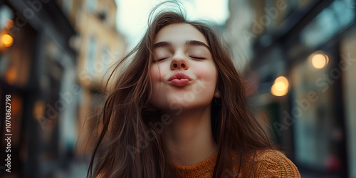 Wallpaper Mural City Lights, Sweet Smile: A young woman's face, lit by the warm glow of city lights, is a portrait of youthful innocence and carefree joy.  Her eyes are closed. Torontodigital.ca