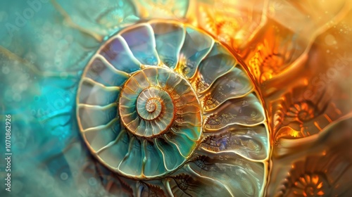 Nautilus shell in closeup, showcasing its iconic spiral pattern. The shell's geometric design is a stunning piece of nature's art.
