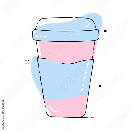 A cup with a blue lid and pink interior. The cup is sitting on a white background. The cup is a cartoonish drawing of a coffee cup