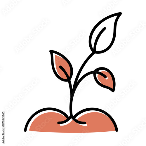 A drawing of a plant with a stem and leaves. The drawing is in black and red. The plant is small and has a lot of leaves