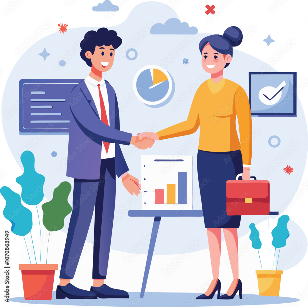 Obraz premium People shaking hands at work - Two businesspeople, man and woman doing handshake in office at work while smiling over business agreement and deal. Flat design stock illustration on white background