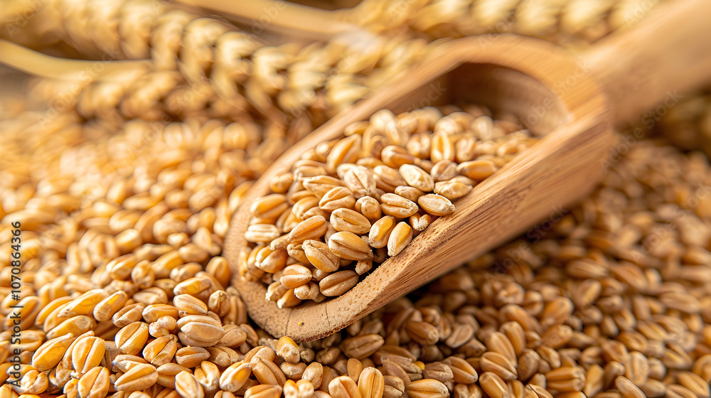 Obraz premium wheat grains close up and wooden scoop with copy space, harvest festival banner with space for text