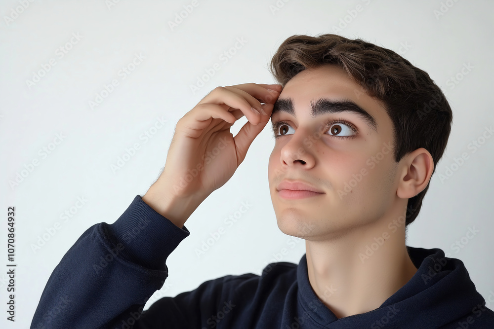 Young male student scratching his head in contemplation at home while looking inquisitive and curious about a task. Generative AI Young male student scratching his head in contemplation at home while looking inquisitive and curious about a task. Generative AI