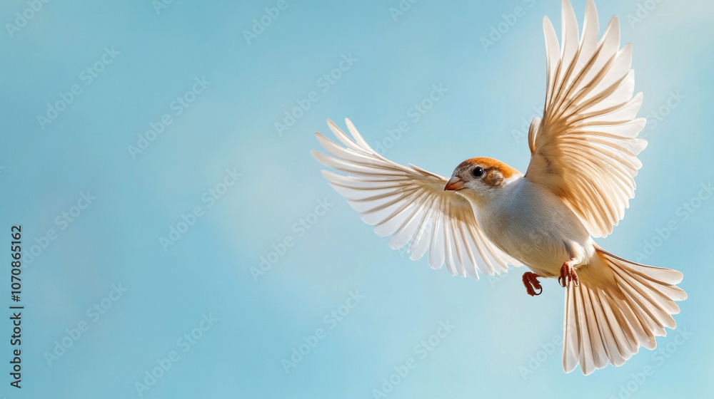 Obraz premium Stunningly Captivating Bird in Flight Against a Serene Blue Sky Background