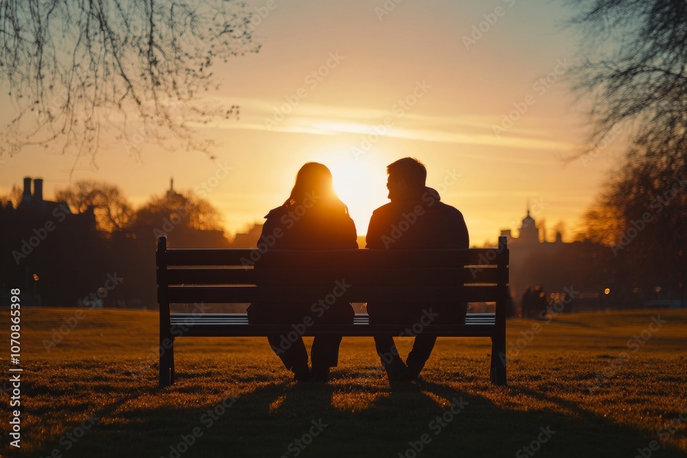 A couple shares a quiet moment together on a bench. The sun sets, painting the sky with warm hues. Love and connection shine through this beautiful scene. Generative AI. A couple shares a quiet moment together on a bench. The sun sets, painting the sky with warm hues. Love and connection shine through this beautiful scene. Generative AI.