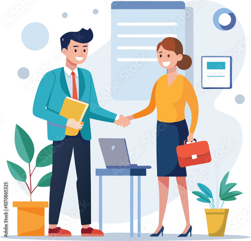 People shaking hands at work - Two businesspeople, man and woman doing handshake in office at work while smiling over business agreement and deal. Flat design stock illustration on white background